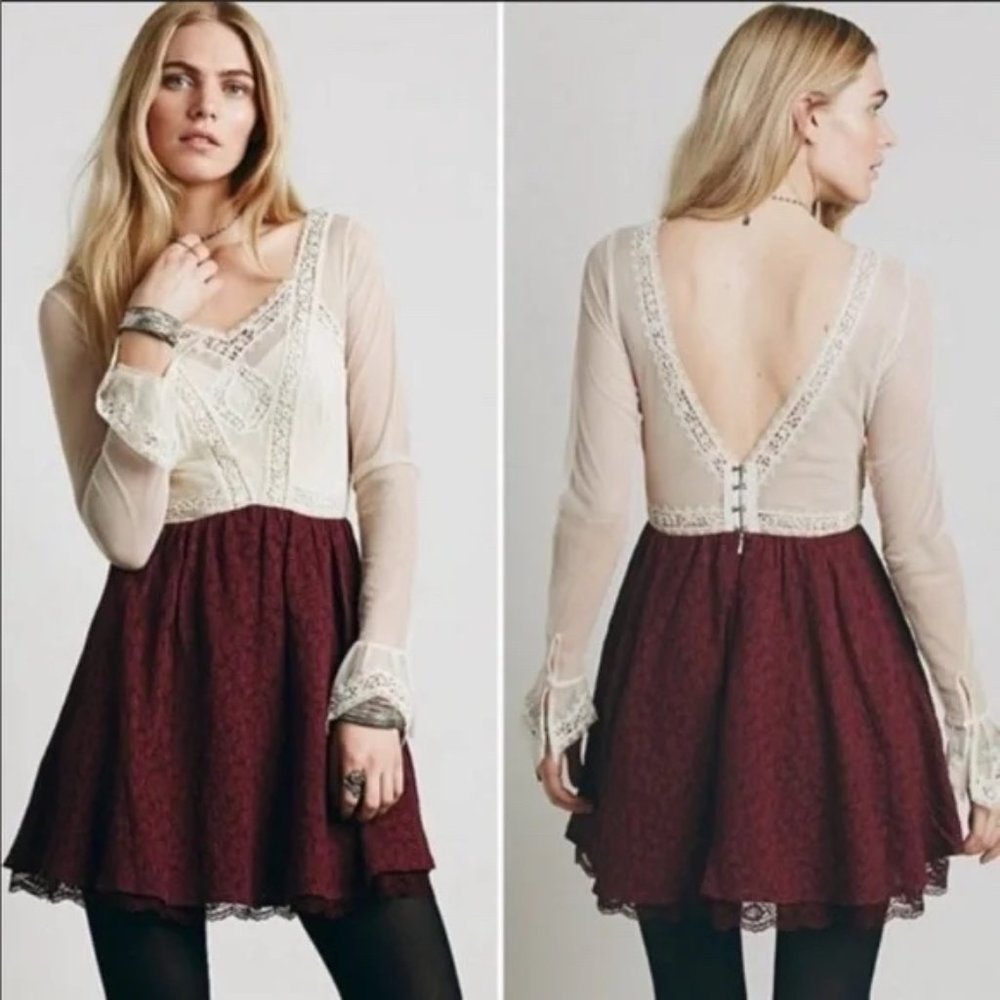 Free People V for Victorian Lace Long Sleeve Jacquard Mini Dress Ivory Burgundy